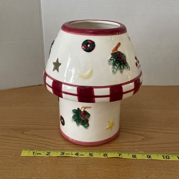 Vtg Christmas Ceramic Candle Holder w Shade Topper Moon Stars Candy Cane Tree - Picture 5 of 8